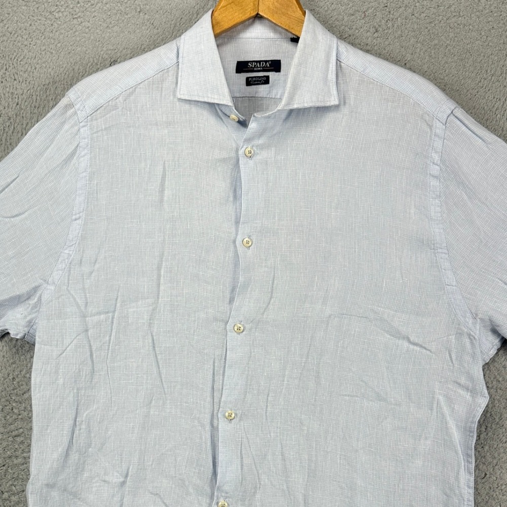 SPADA Roma‎ Mens Dress Shirt 17-43 Light Blue Pin Check Custom Fit 100% Linen